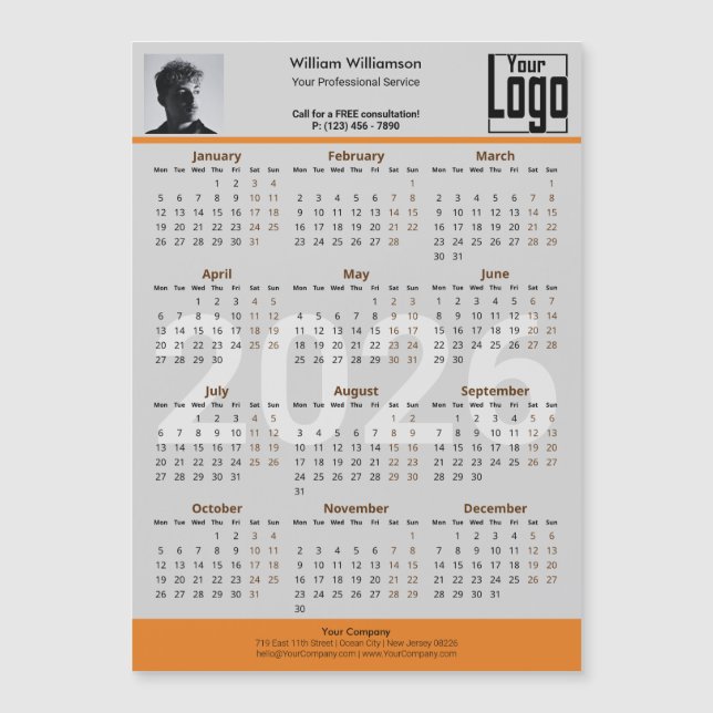 Custom Image Logo Gray Orange 2026 Calendar Magnet (Anverso)
