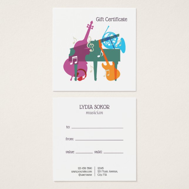 Custom Music Lessons Gift Certificate (Anverso y reverso)