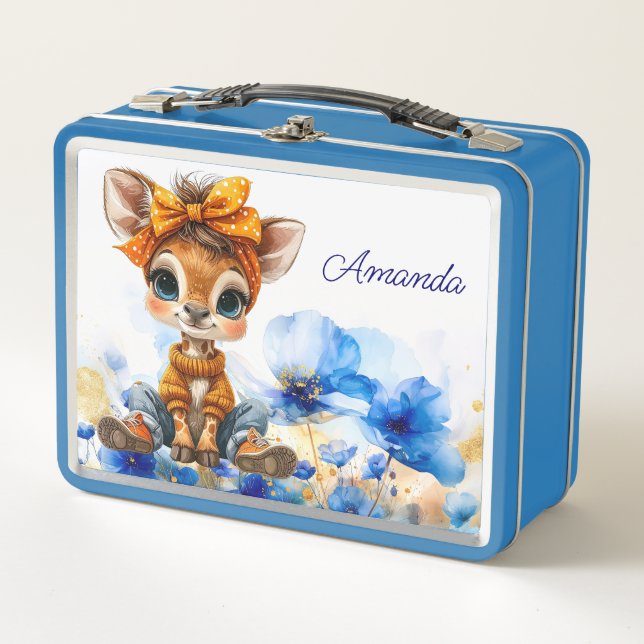 Custom Name Giraffe polka dot bow blue poppies (Anverso)