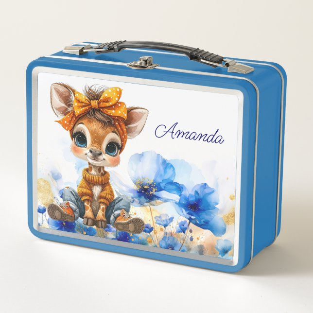 Custom Name Giraffe polka dot bow blue poppies (Anverso)