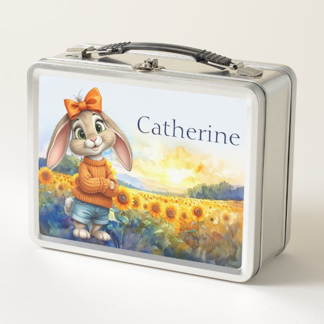 Custom Name Girly rabbit sunflower field  (Anverso)