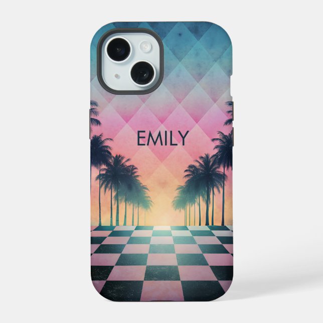 Custom Name Retro Synthwave Sunset Palm Trees (Reverso )