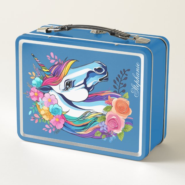 Custom Name Unicorn Lunchbox - Floral Metal (Reverso)
