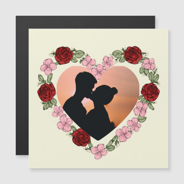 Custom Photo Rose Heart Magnetic Card - Square (Anverso/Reverso)