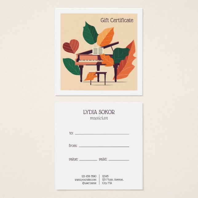 Custom Piano Music Lessons Gift Certificate (Anverso y reverso)