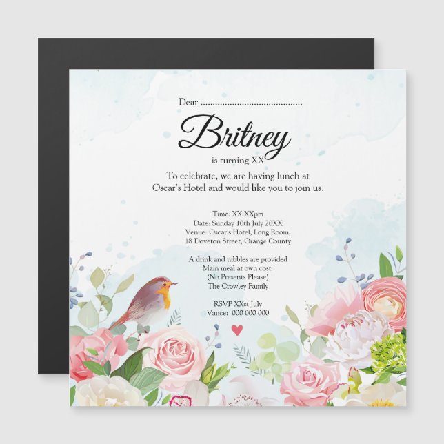 Customisable Female Birthday Invitation – Editable (Anverso/Reverso)