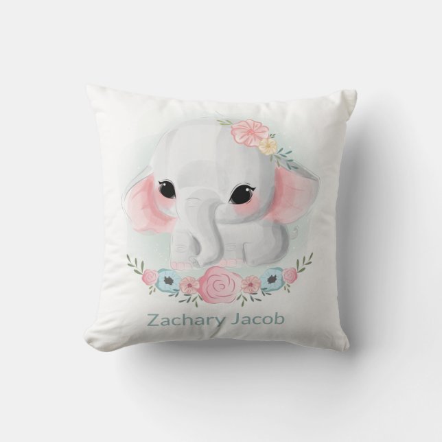 Cuta acuarela Bebé Elefante almohada personalizada (Anverso)