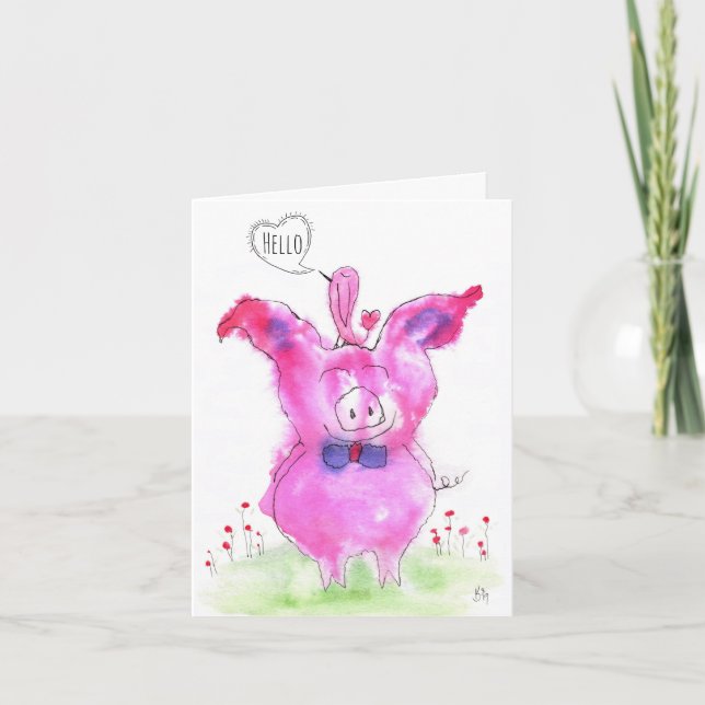 Cuta acuarela de cerdo rosa Hola tarjeta de saludo (Anverso)