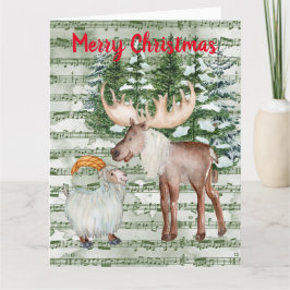 Cuta acuarela Moose de invierno y tarjeta de vacac