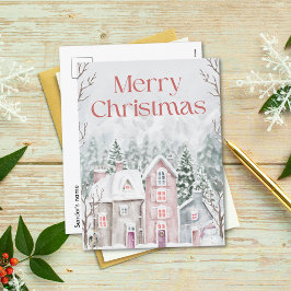 Cuta acuarela pueblo de nieve Feliz Navidad