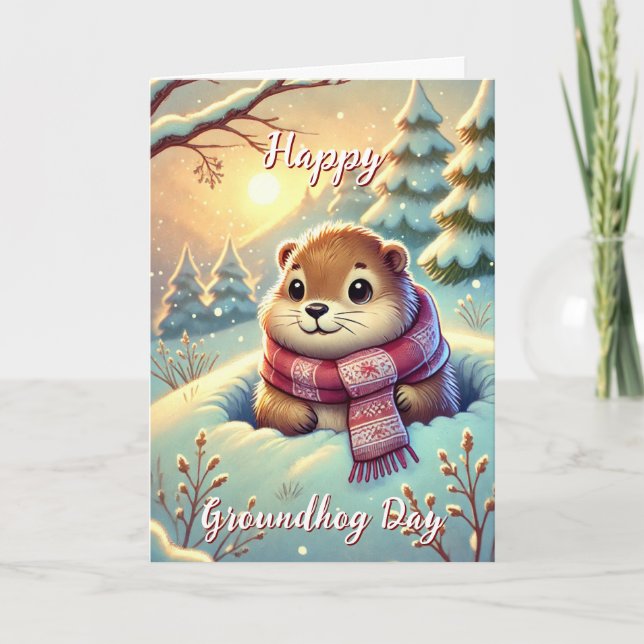 Cuta Feliz Día de Groundhog y tarjeta de historia (Anverso)