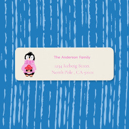 Cuta pingüino con etiqueta de dirección de devoluc