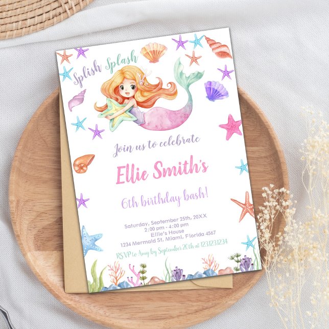 Cuta tarjeta de Fiesta con temática oceánica para  (Pink Under the sea Mermaid Cards)