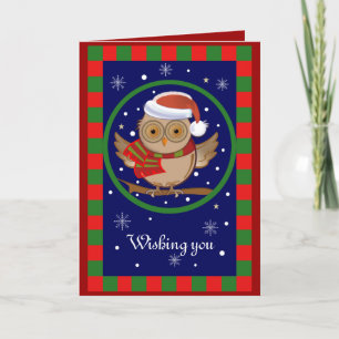 Cuta tarjeta de vacaciones de Santa Owl con texto