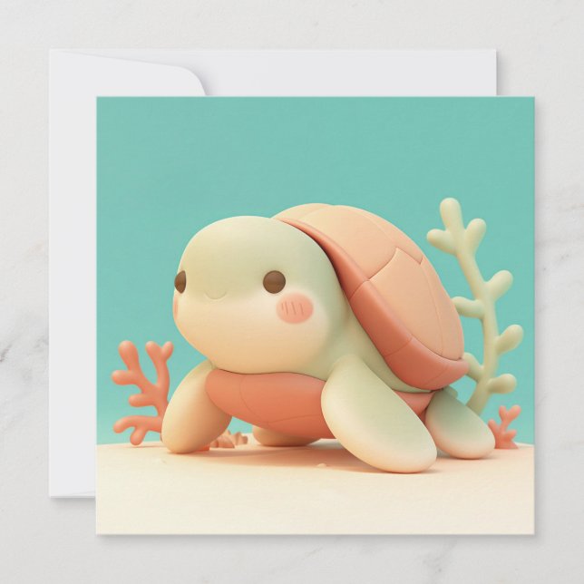 Cute 3D Clay Sea Turtle with Orange Coral Postcard (Anverso)