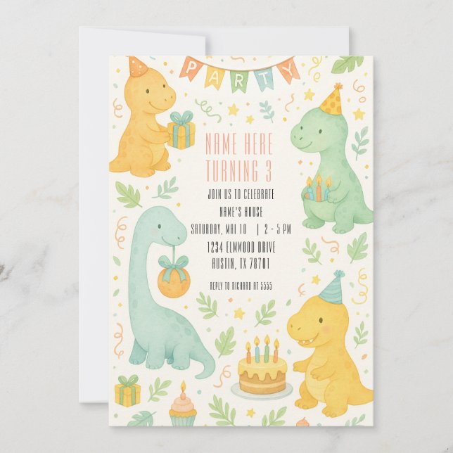 Cute acuarela Dinosaurio 3er cumpleaños Invitación (Anverso)