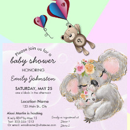 Cute acuarela Invitación de Baby Shower rosa Koala