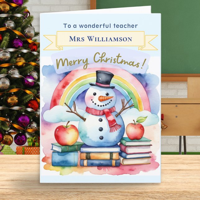 Cute acuarela Snowman Feliz Maestro de Navidad (A Christmas card 'for a wonderful teacher' with snowman, apples, rainbow and customizable name)