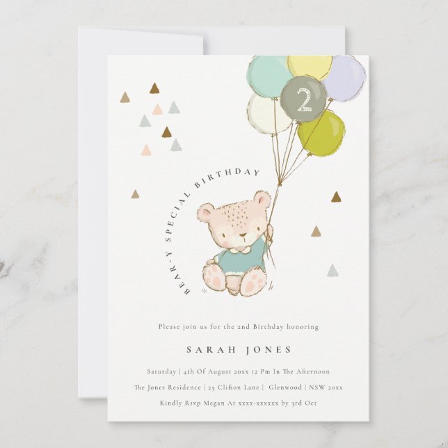 Cute Aqua Bear Balón Cualquier Invitación De Cumpl (Anverso)