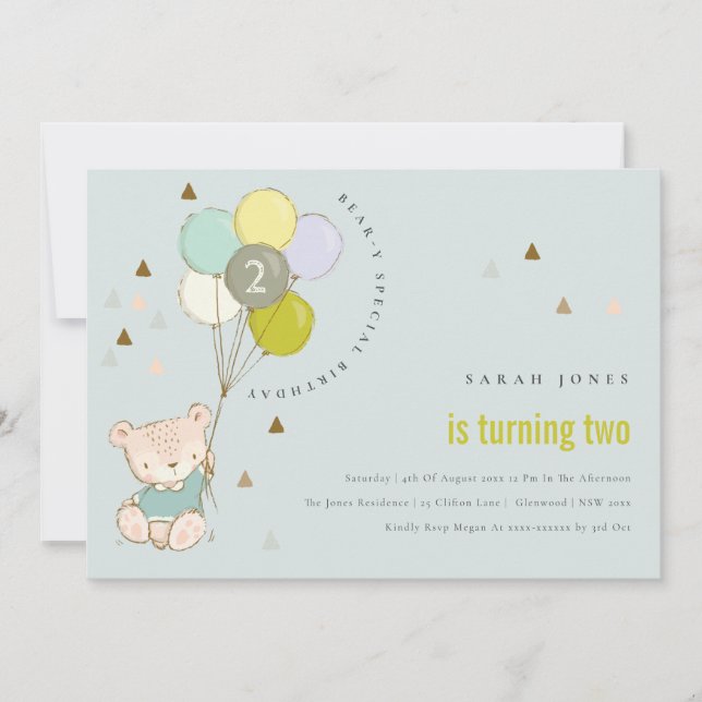 Cute Aqua Bear Balón Cualquier Invitación De Cumpl (Anverso)