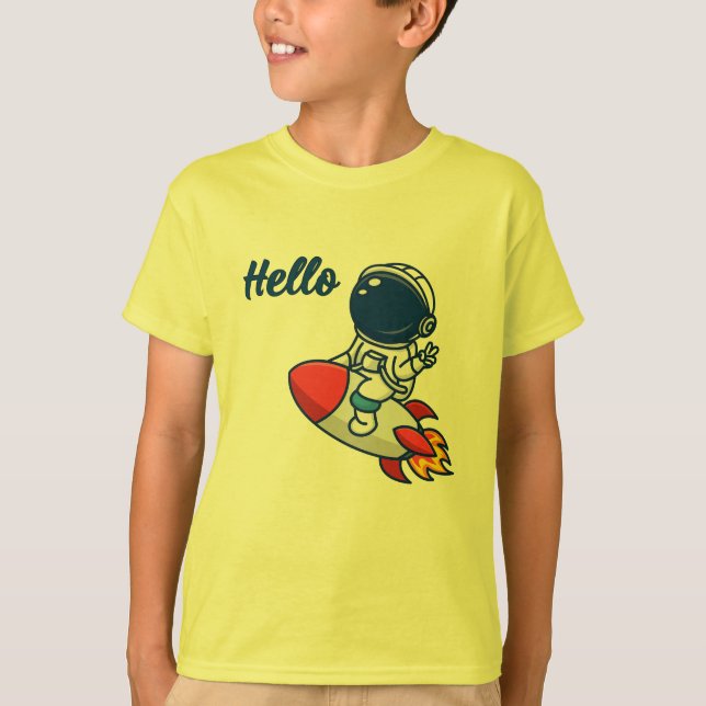 Cute Astronaut Riding Rocket "Hola" Camiseta para  (Anverso)