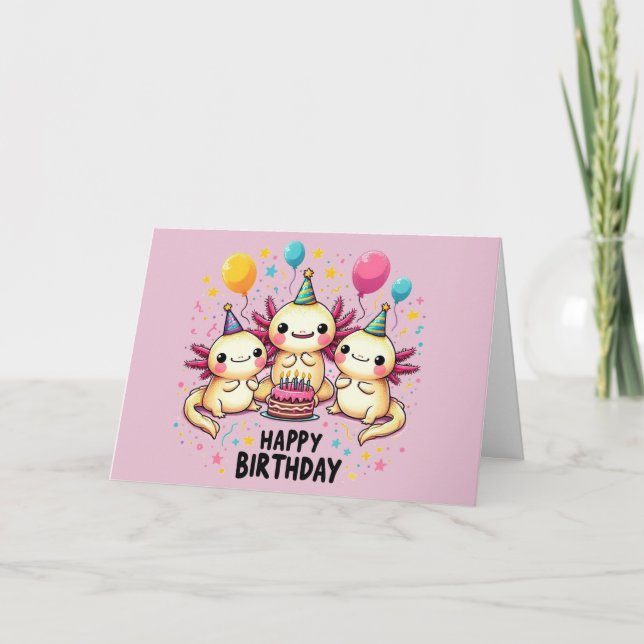 Cute Axolotl Tarjeta de cumpleaños feliz rosa (Anverso)