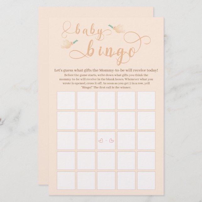 Cute Baby Dove Baby Shower Bingo Game Flyer (Anverso / Reverso)