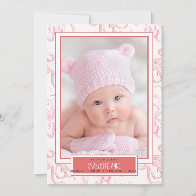 Cute Baby Girl Octopus Sea Life Anuncio de nacimie (Anverso)