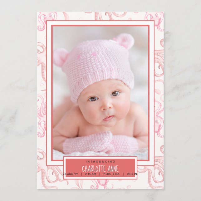 Cute Baby Girl Octopus Sea Life Anuncio de nacimie (Anverso)