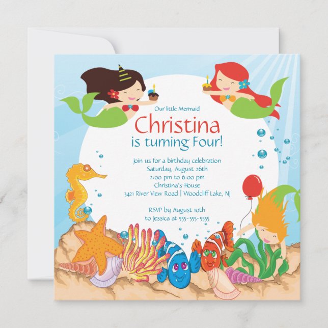 Cute Bajo La Sirenita Invitación Al Cumpleaños (Anverso)