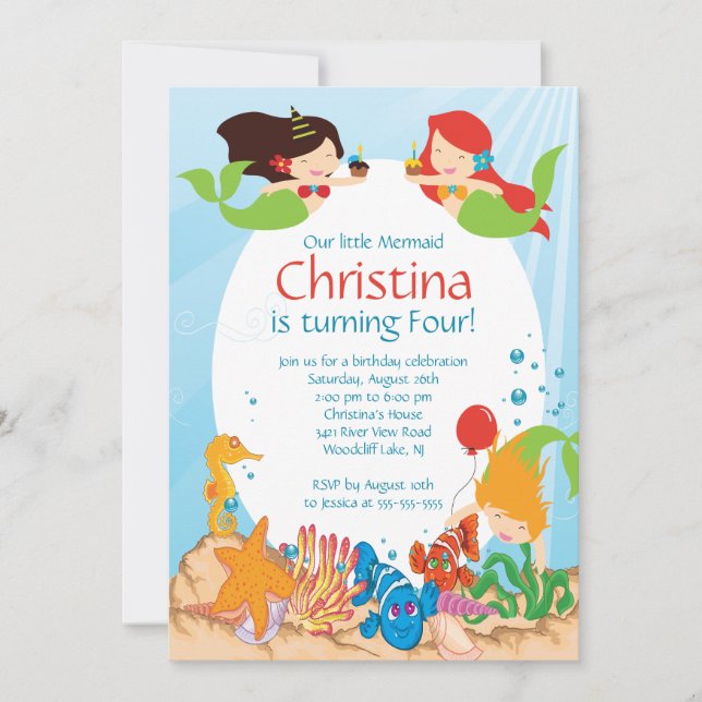 Cute Bajo La Sirenita Invitación Al Cumpleaños (Anverso)