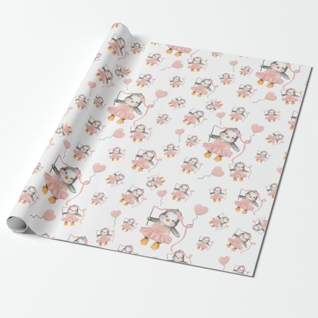 Cute Ballerina Papel de envolvimiento rosa pingüin (Desenrollado)