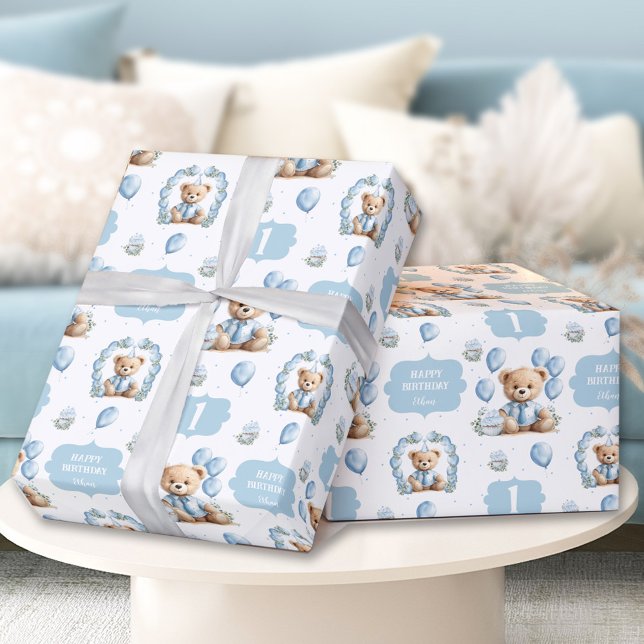 Cute Bear Azul Primer Nacimiento Papel de envolvim (Cute Bear Blue 1st Birthday Name Wrapping Paper)