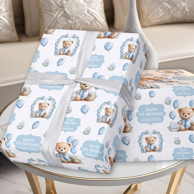 Cute Bear Blue Boy Nombre de cumpleaños Papel de a (Cute Bear Blue Boy Birthday Name Wrapping Paper)