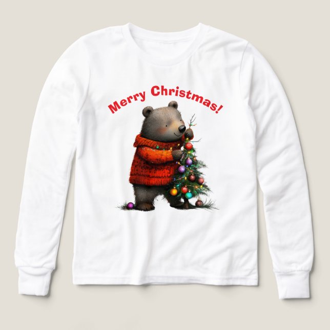 Cute Bear Decorating Christmas Tree Sweatshirt (Diseño frontal)