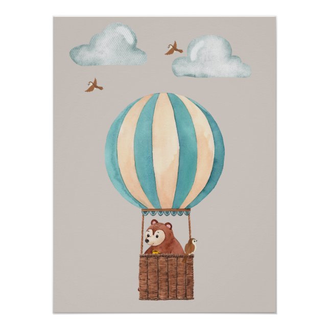 Cute Bear Hot Air Balloon Illustration Poster (Anverso)