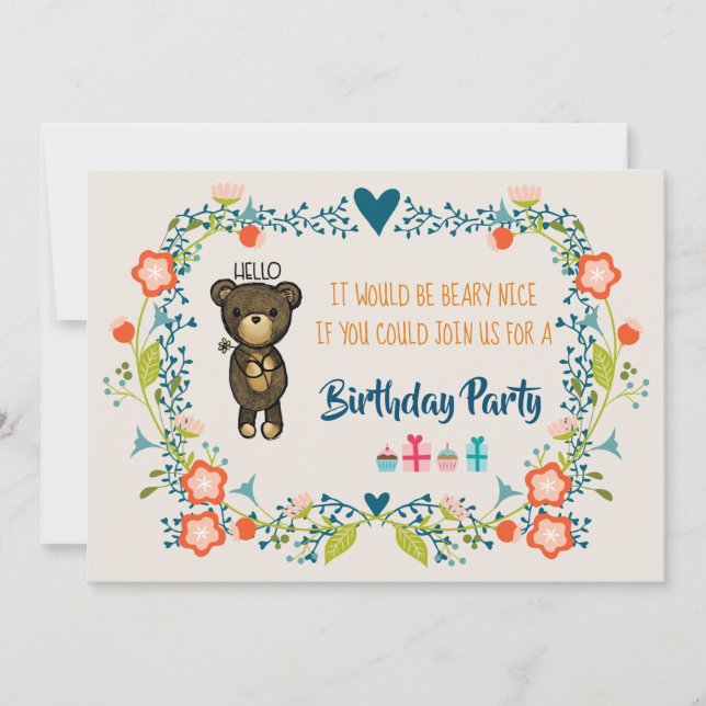 Cute Bear & Invitación de cumpleaños con corona fl (Anverso)