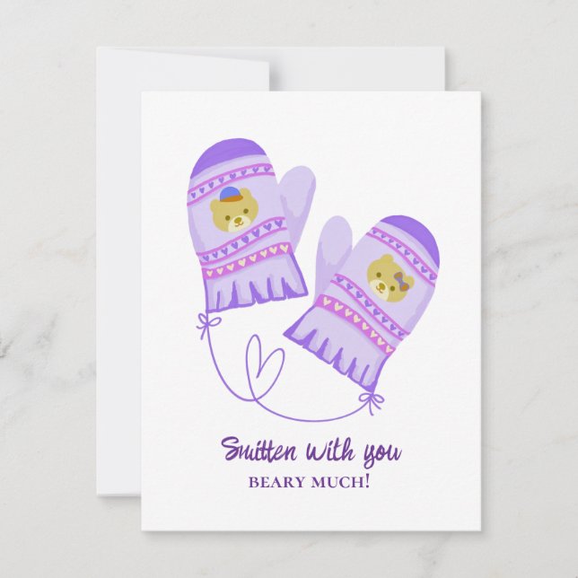 Cute Bear Love Purple Mittens Valentine's Day Card (Anverso)
