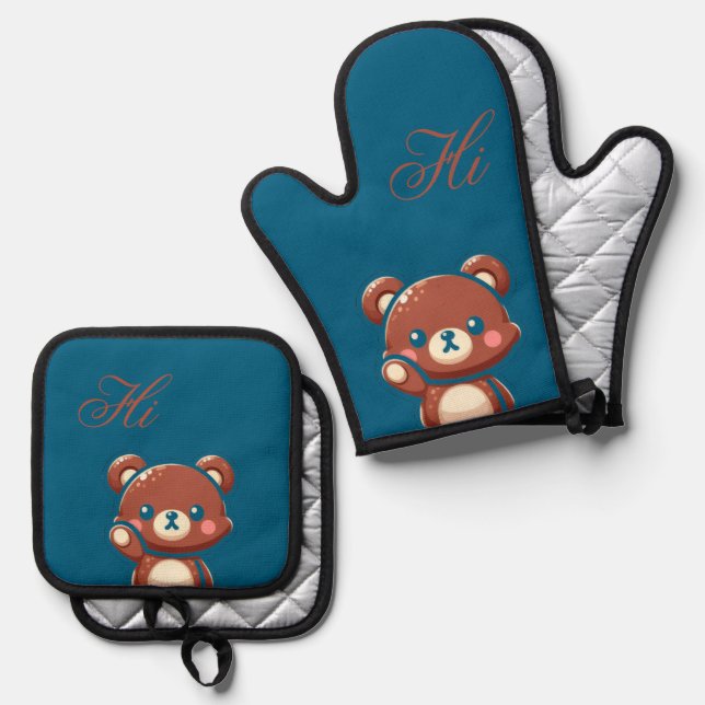 Cute Bear Oven Mitt and Pot Holder Set – Teal Blue (Anverso/Reverso)