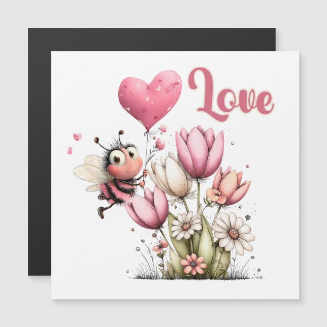 Cute Bee Love Heart Balloon Spring Flowers Magnet (Anverso/Reverso)
