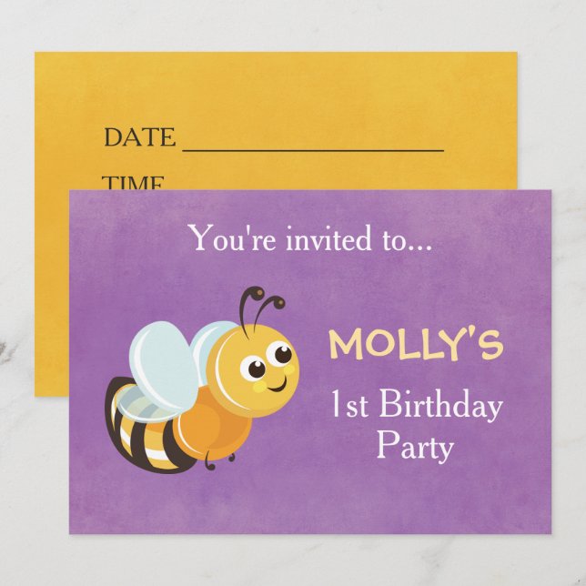 Cute Bee Tema 1er cumpleaños fiesta de invitación  (Anverso / Reverso)