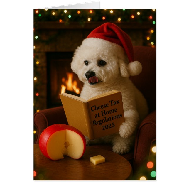 Cute Bichon Frise 'Cheese Tax' Christmas card (Frente)