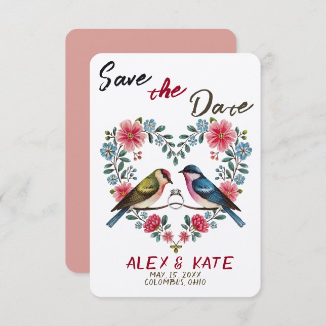 Cute Birds Wedding Save the Date Invitación (Anverso / Reverso)
