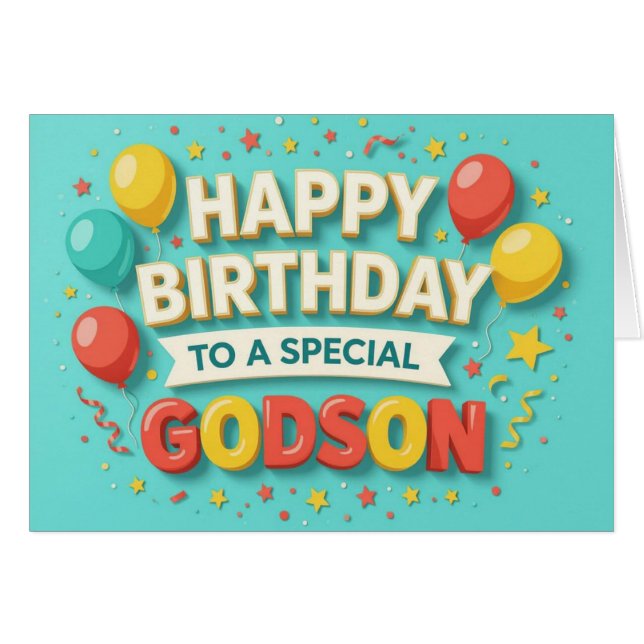 Cute Birthday Balloons & Confetti Card for Godson (Anverso (Horizontal))