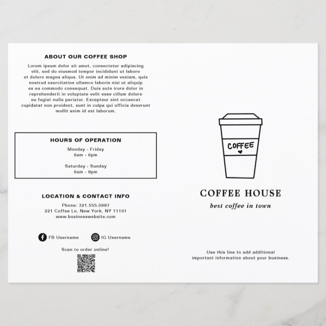 Cute Black and White Coffee Cup Coffee Shop Menu (Anverso)