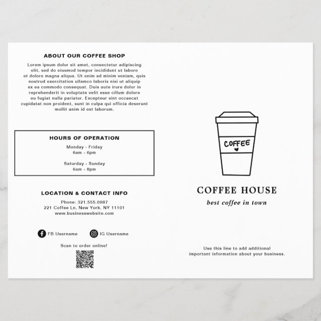 Cute Black and White Coffee Cup Coffee Shop Menu (Frente)