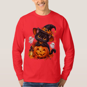 Cute Black Cat Halloween Pumpkin Camiseta Manga La