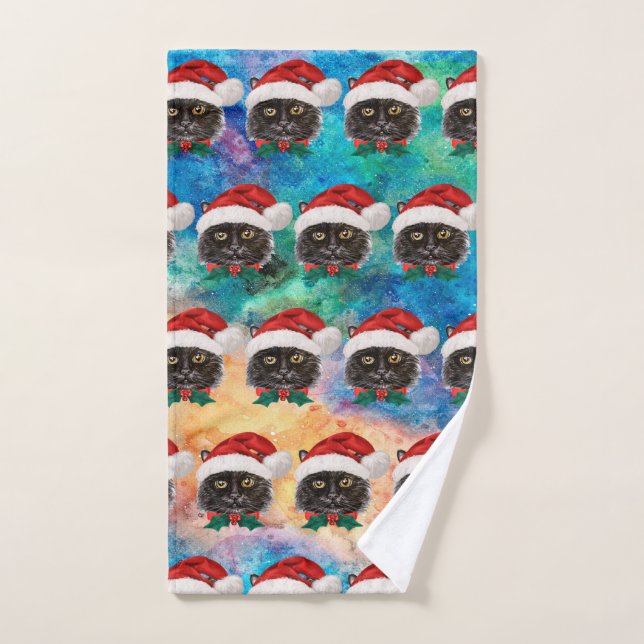 Cute Black Cat with Santa Hat Pattern (Toalla de mano)