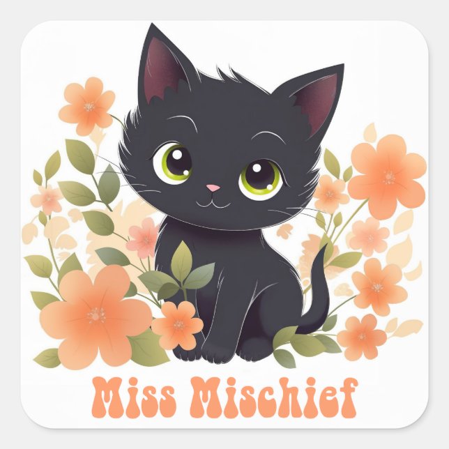 Cute Black Kitty Pegatina Kawaii Chibi (Anverso)