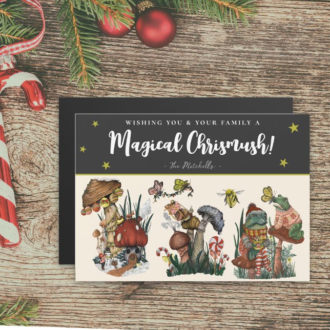 Cute Black Magic Mushroom Magnetic Navidades Card (Black magical mushroom christmas card with whimsical illustrations of mushrooms, frogs and snails)